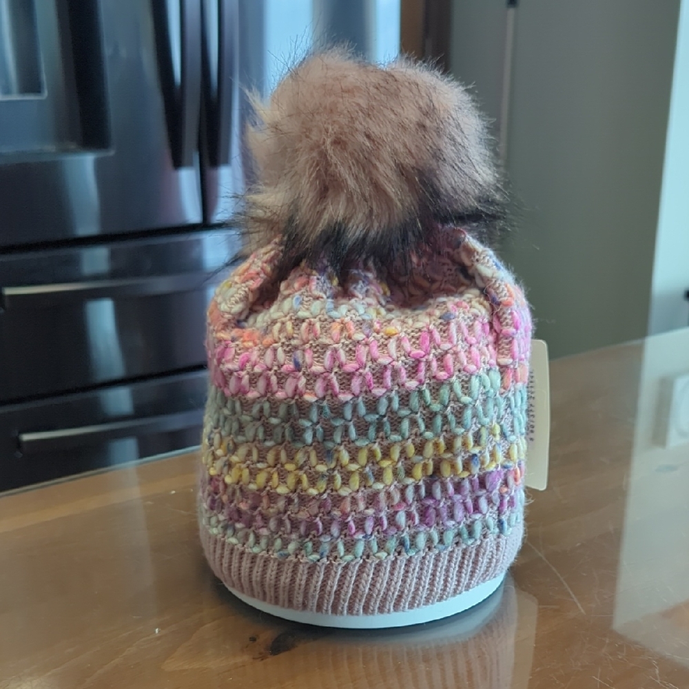 Colorful Knit Beanie with Faux Fur Pom-Pom